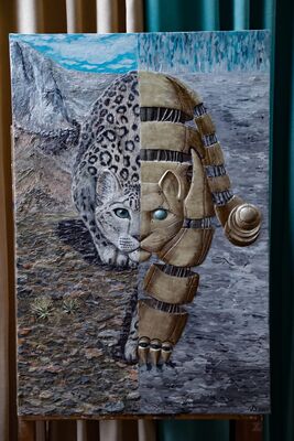 Картины на продажу - А на какой стороне ты? Картина снежного барса и киберпанк-механизма в символическом стиле